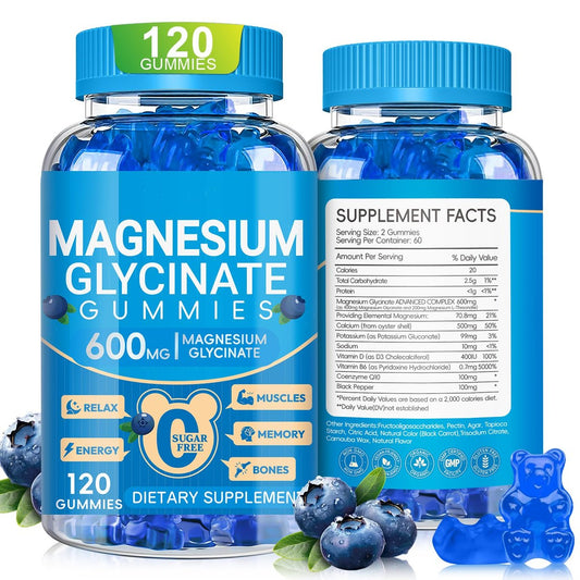 Magnesiumglycinat Gummibärchen 600 mg – Zuckerfreie Kalium-Magnesium-Gummis mit Manganglycinat, Vitamin D, B6 und CoQ10 für innere Ruhe und besseren Schlaf – 60 Tage Vorrat, Blaubeergeschmack