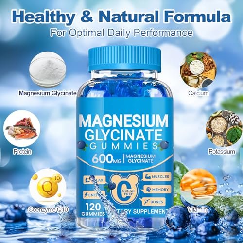 Magnesiumglycinat Gummibärchen 600 mg – Zuckerfreie Kalium-Magnesium-Gummis mit Manganglycinat, Vitamin D, B6 und CoQ10 für innere Ruhe und besseren Schlaf – 60 Tage Vorrat, Blaubeergeschmack