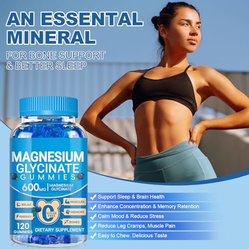Magnesiumglycinat Gummibärchen 600 mg – Zuckerfreie Kalium-Magnesium-Gummis mit Manganglycinat, Vitamin D, B6 und CoQ10 für innere Ruhe und besseren Schlaf – 60 Tage Vorrat, Blaubeergeschmack