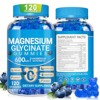 Magnesiumglycinat Gummibärchen 600 mg – Zuckerfreie Kalium-Magnesium-Gummis mit Manganglycinat, Vitamin D, B6 und CoQ10 für innere Ruhe und besseren Schlaf – 60 Tage Vorrat, Blaubeergeschmack