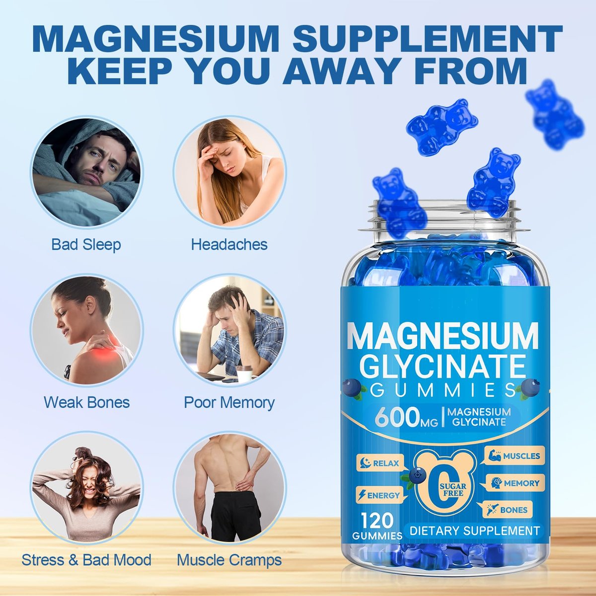 Magnesiumglycinat Gummibärchen 600 mg – Zuckerfreie Kalium-Magnesium-Gummis mit Manganglycinat, Vitamin D, B6 und CoQ10 für innere Ruhe und besseren Schlaf – 60 Tage Vorrat, Blaubeergeschmack