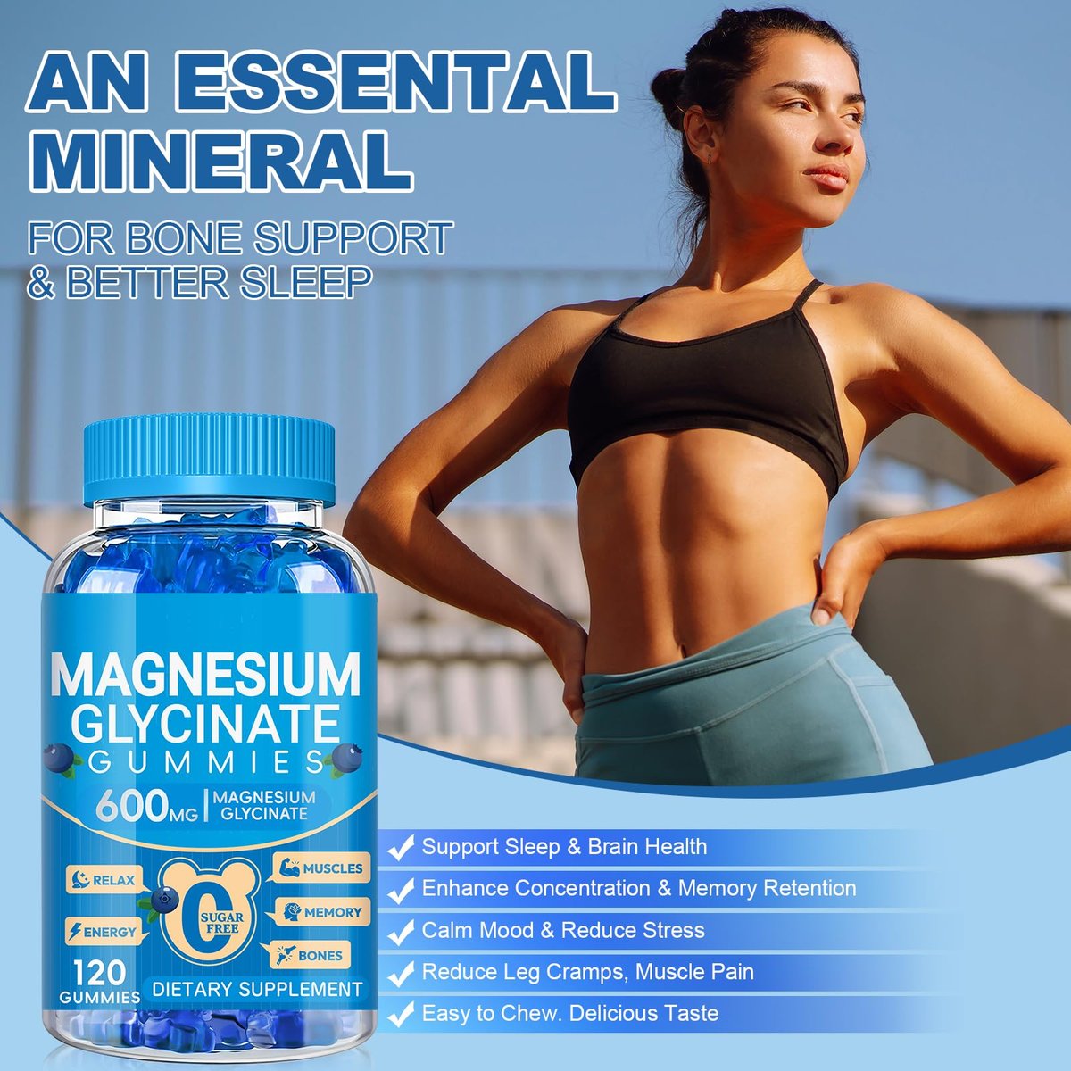 Magnesiumglycinat Gummibärchen 600 mg – Zuckerfreie Kalium-Magnesium-Gummis mit Manganglycinat, Vitamin D, B6 und CoQ10 für innere Ruhe und besseren Schlaf – 60 Tage Vorrat, Blaubeergeschmack