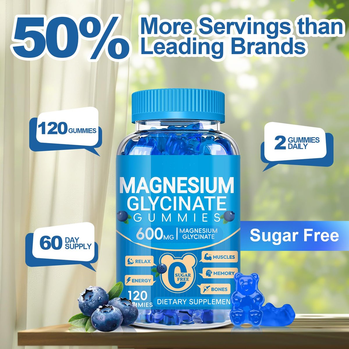 Magnesiumglycinat Gummibärchen 600 mg – Zuckerfreie Kalium-Magnesium-Gummis mit Manganglycinat, Vitamin D, B6 und CoQ10 für innere Ruhe und besseren Schlaf – 60 Tage Vorrat, Blaubeergeschmack