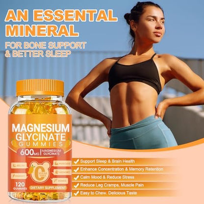 Magnesium Glycinat Gummies 600mg – Zuckerfreie Kalium-Magnesium-Gummibärchen mit Magnesiumglycinat, Vitamin D, B6 und CoQ10 für Schlaf, Entspannung, Gehirn & Muskeln, 120 Stück