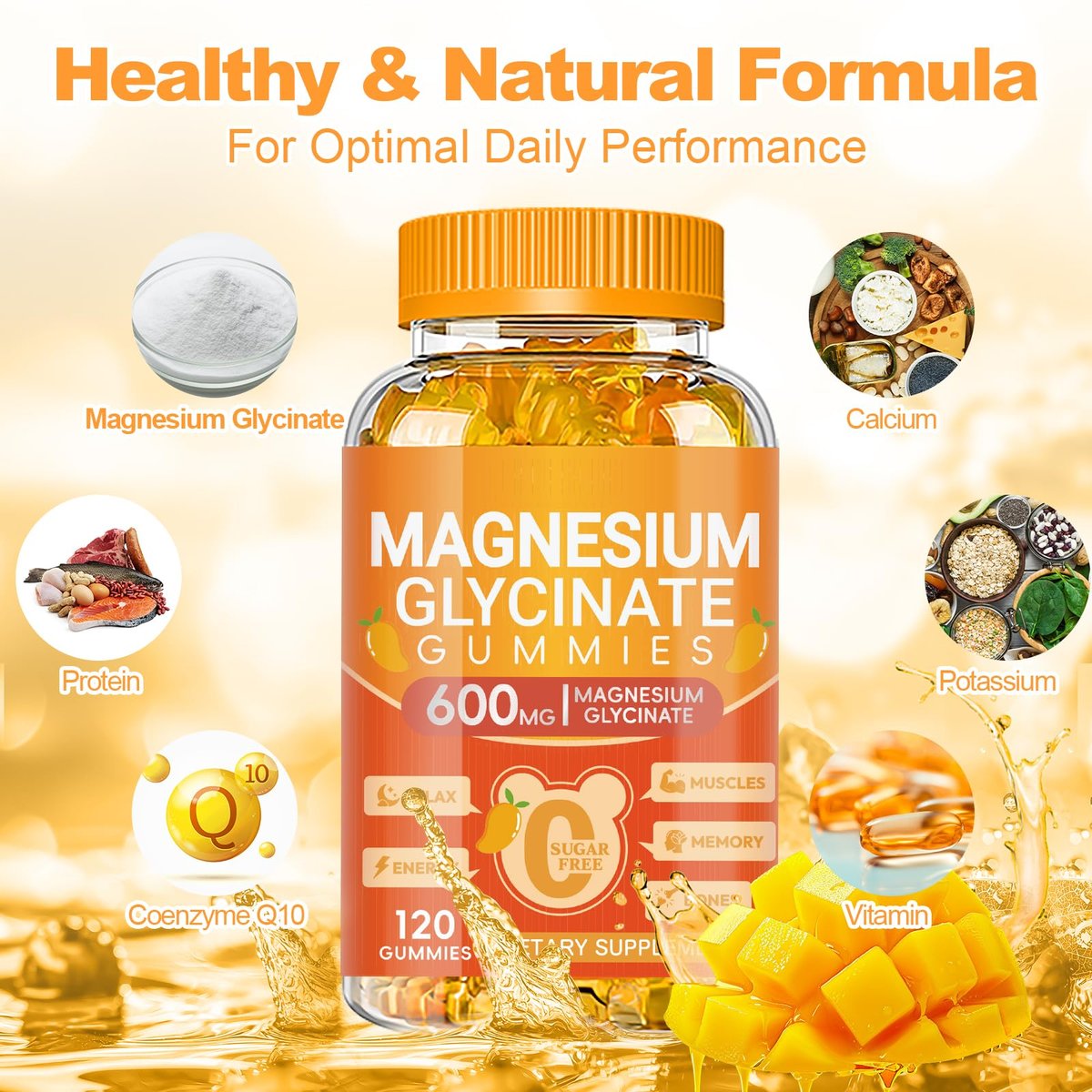 Magnesium Glycinat Gummies 600mg – Zuckerfreie Kalium-Magnesium-Gummibärchen mit Magnesiumglycinat, Vitamin D, B6 und CoQ10 für Schlaf, Entspannung, Gehirn & Muskeln, 120 Stück