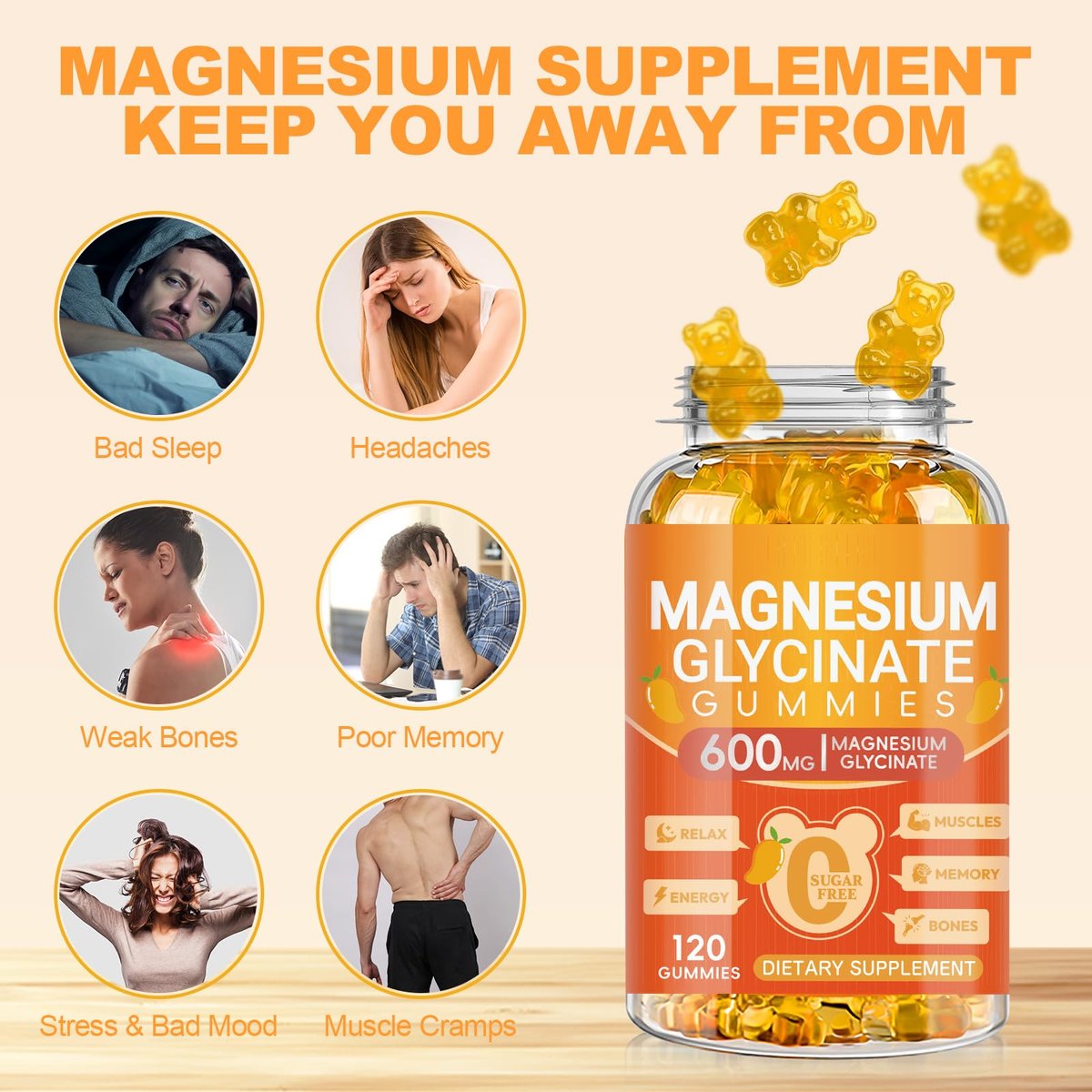 Magnesium Glycinat Gummies 600mg – Zuckerfreie Kalium-Magnesium-Gummibärchen mit Magnesiumglycinat, Vitamin D, B6 und CoQ10 für Schlaf, Entspannung, Gehirn & Muskeln, 120 Stück