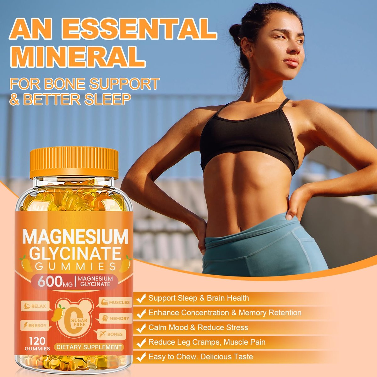 Magnesium Glycinat Gummies 600mg – Zuckerfreie Kalium-Magnesium-Gummibärchen mit Magnesiumglycinat, Vitamin D, B6 und CoQ10 für Schlaf, Entspannung, Gehirn & Muskeln, 120 Stück
