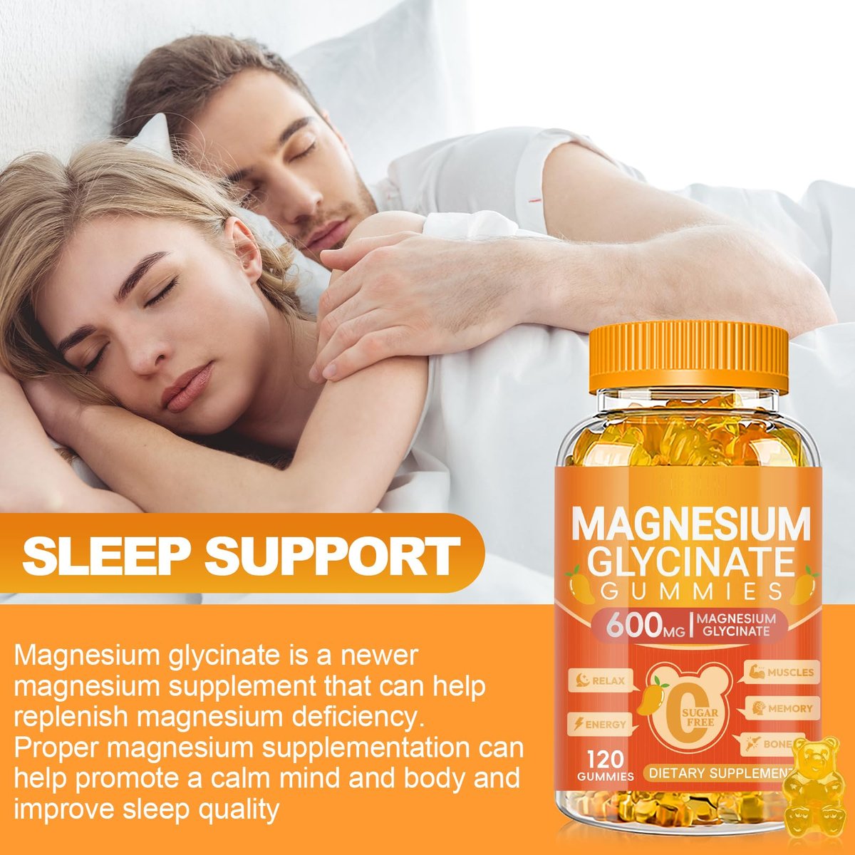 Magnesium Glycinat Gummies 600mg – Zuckerfreie Kalium-Magnesium-Gummibärchen mit Magnesiumglycinat, Vitamin D, B6 und CoQ10 für Schlaf, Entspannung, Gehirn & Muskeln, 120 Stück