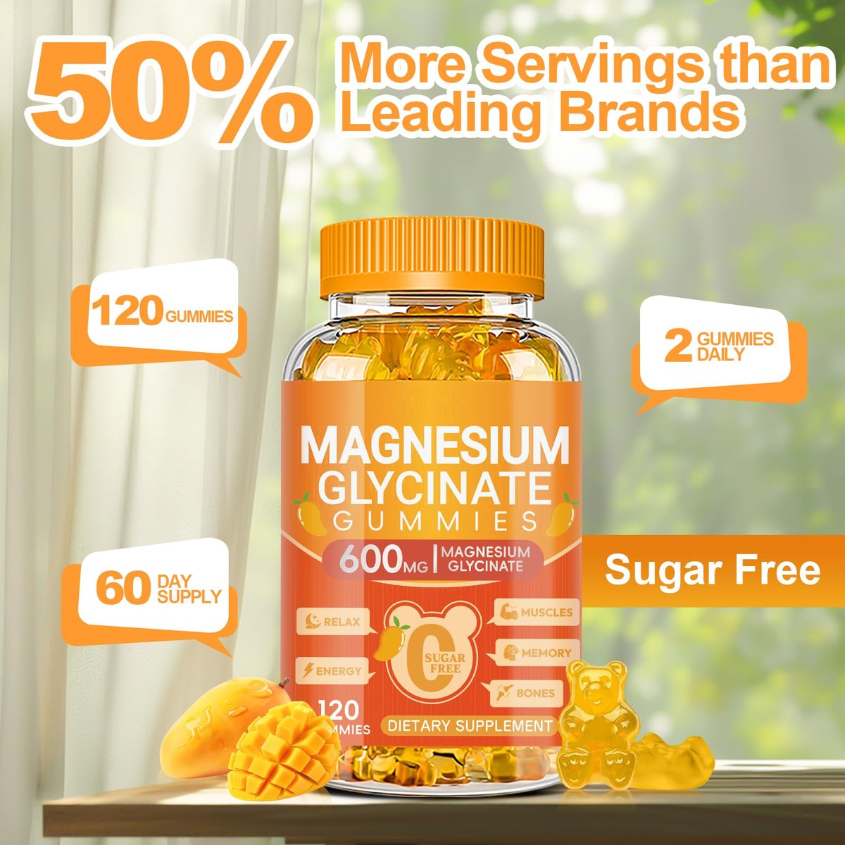 Magnesium Glycinat Gummies 600mg – Zuckerfreie Kalium-Magnesium-Gummibärchen mit Magnesiumglycinat, Vitamin D, B6 und CoQ10 für Schlaf, Entspannung, Gehirn & Muskeln, 120 Stück