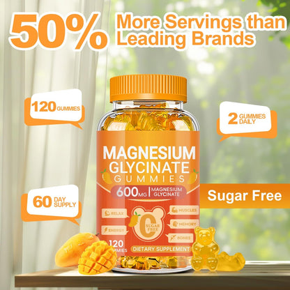 Magnesium Glycinat Gummies 600mg – Zuckerfreie Kalium-Magnesium-Gummibärchen mit Magnesiumglycinat, Vitamin D, B6 und CoQ10 für Schlaf, Entspannung, Gehirn & Muskeln, 120 Stück