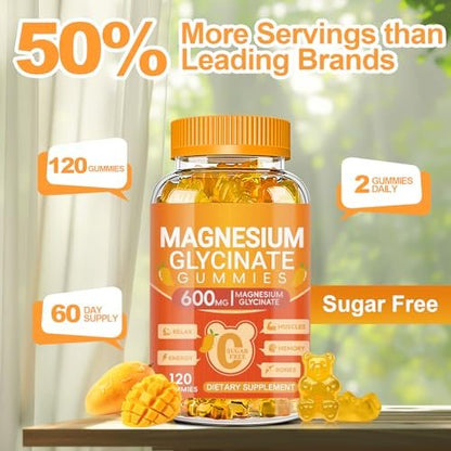 Magnesium Glycinat Gummies 600mg – Zuckerfreie Kalium-Magnesium-Gummibärchen mit Magnesiumglycinat, Vitamin D, B6 und CoQ10 für Schlaf, Entspannung, Gehirn & Muskeln, 120 Stück
