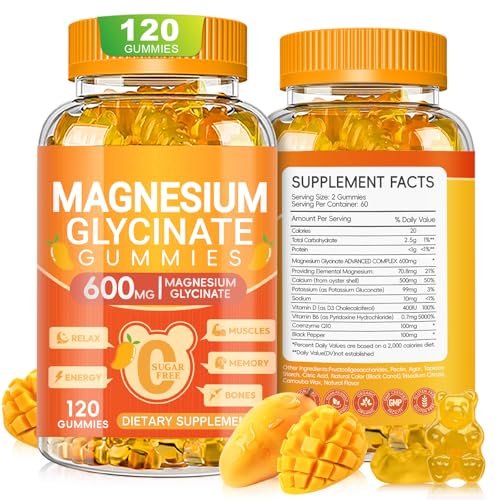 Magnesium Glycinat Gummies 600mg – Zuckerfreie Kalium-Magnesium-Gummibärchen mit Magnesiumglycinat, Vitamin D, B6 und CoQ10 für Schlaf, Entspannung, Gehirn & Muskeln, 120 Stück
