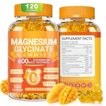 Magnesium Glycinat Gummies 600mg – Zuckerfreie Kalium-Magnesium-Gummibärchen mit Magnesiumglycinat, Vitamin D, B6 und CoQ10 für Schlaf, Entspannung, Gehirn & Muskeln, 120 Stück
