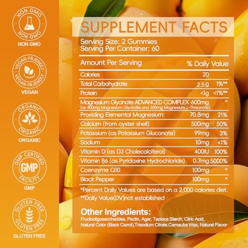 Magnesium Glycinat Gummies 600mg – Zuckerfreie Kalium-Magnesium-Gummibärchen mit Magnesiumglycinat, Vitamin D, B6 und CoQ10 für Schlaf, Entspannung, Gehirn & Muskeln, 120 Stück
