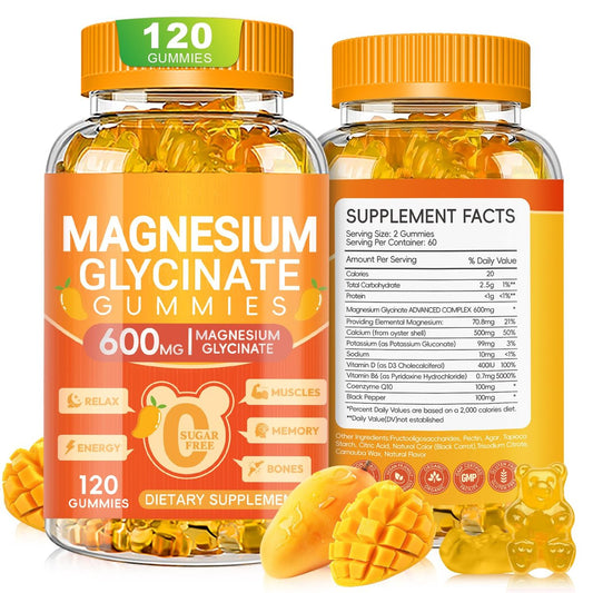 Magnesium Glycinat Gummies 600mg – Zuckerfreie Kalium-Magnesium-Gummibärchen mit Magnesiumglycinat, Vitamin D, B6 und CoQ10 für Schlaf, Entspannung, Gehirn & Muskeln, 120 Stück