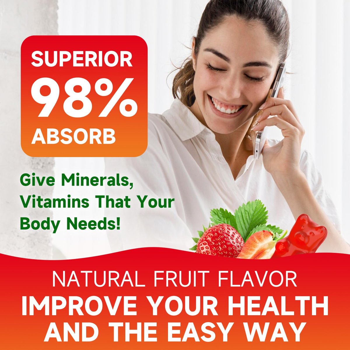 Calcium Citrate Gummies, Zuckerfrei Calcium 1000mg für Muskelgesundheit, Absorption Calcium Ergänzung für Erwachsene & Kinder, Erdbeer, 60 Stück