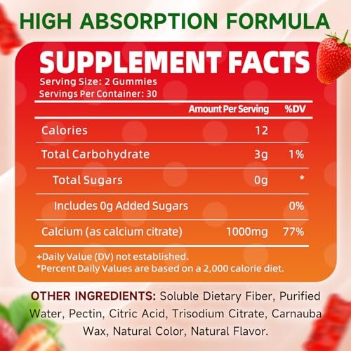 Calcium Citrate Gummies, Zuckerfrei Calcium 1000mg für Muskelgesundheit, Absorption Calcium Ergänzung für Erwachsene & Kinder, Erdbeer, 60 Stück