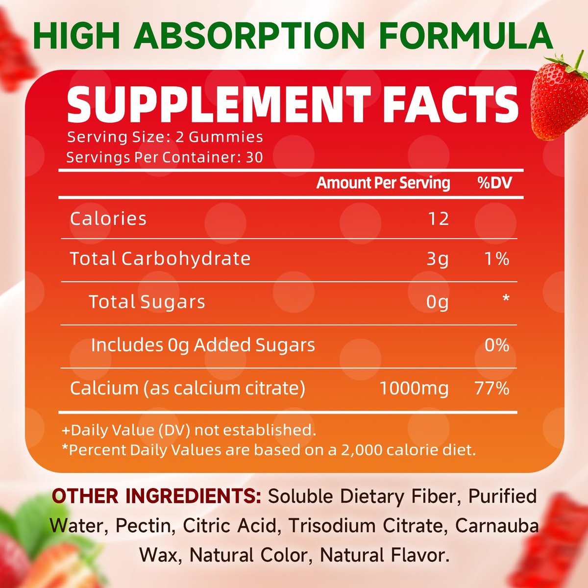 Calcium Citrate Gummies, Zuckerfrei Calcium 1000mg für Muskelgesundheit, Absorption Calcium Ergänzung für Erwachsene & Kinder, Erdbeer, 60 Stück
