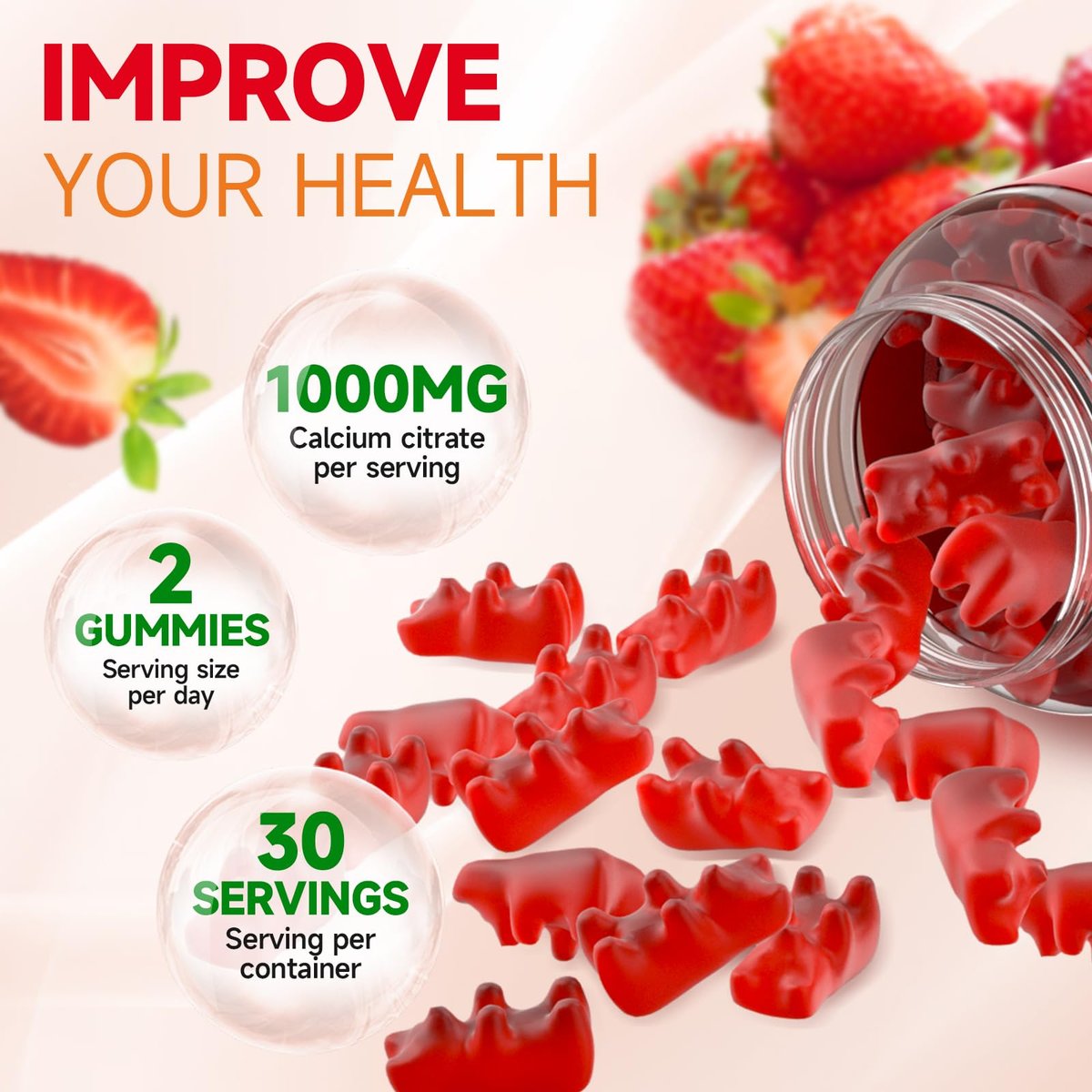 Calcium Citrate Gummies, Zuckerfrei Calcium 1000mg für Muskelgesundheit, Absorption Calcium Ergänzung für Erwachsene & Kinder, Erdbeer, 60 Stück