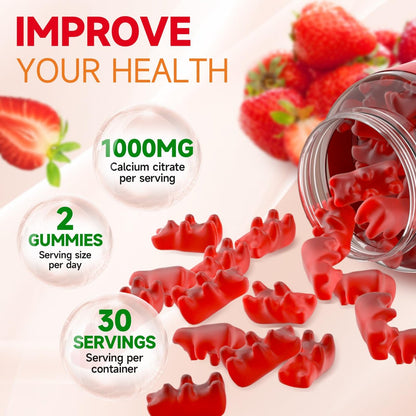 Calcium Citrate Gummies, Zuckerfrei Calcium 1000mg für Muskelgesundheit, Absorption Calcium Ergänzung für Erwachsene & Kinder, Erdbeer, 60 Stück
