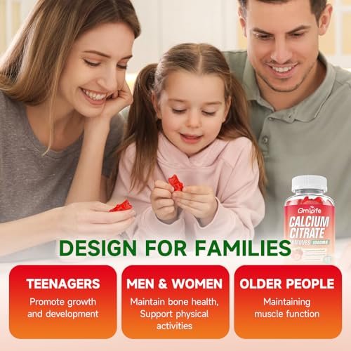 Calcium Citrate Gummies, Zuckerfrei Calcium 1000mg für Muskelgesundheit, Absorption Calcium Ergänzung für Erwachsene & Kinder, Erdbeer, 60 Stück