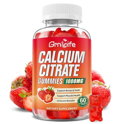 Calcium Citrate Gummies, Zuckerfrei Calcium 1000mg für Muskelgesundheit, Absorption Calcium Ergänzung für Erwachsene & Kinder, Erdbeer, 60 Stück