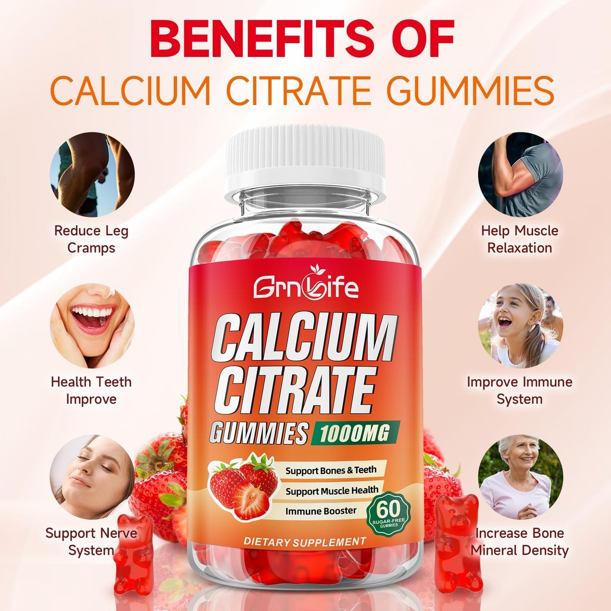Calcium Citrate Gummies, Zuckerfrei Calcium 1000mg für Muskelgesundheit, Absorption Calcium Ergänzung für Erwachsene & Kinder, Erdbeer, 60 Stück