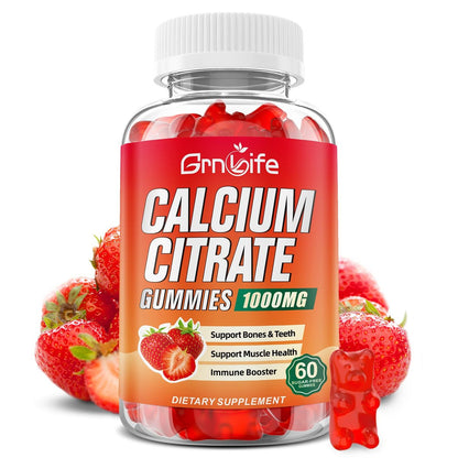 Calcium Citrate Gummies, Zuckerfrei Calcium 1000mg für Muskelgesundheit, Absorption Calcium Ergänzung für Erwachsene & Kinder, Erdbeer, 60 Stück
