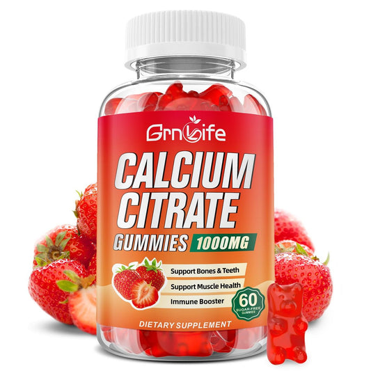 Calcium Citrate Gummies, Zuckerfrei Calcium 1000mg für Muskelgesundheit, Absorption Calcium Ergänzung für Erwachsene & Kinder, Erdbeer, 60 Stück