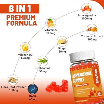 EAZGOO Ashwagandha Gummies mit Vitamin D3, 3000 mg Extra Starkes Ashwagandha-Wurzelextrakt für Energie und Immununterstützung, Nicht-GVO, Erdbeergeschmack, 60 Stück
