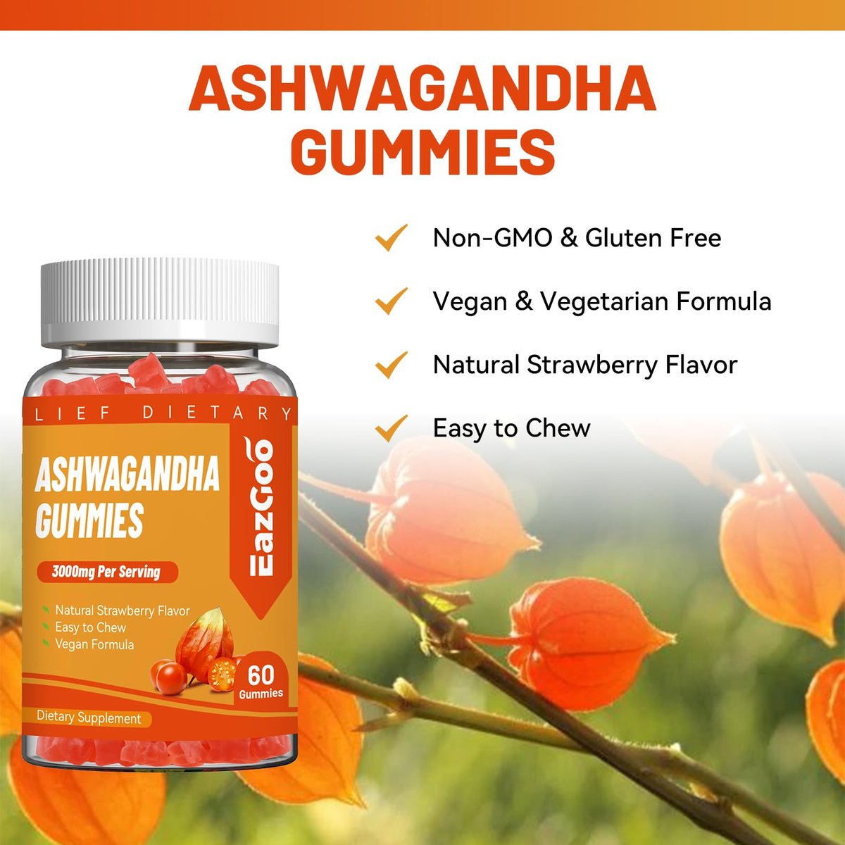 EAZGOO Ashwagandha Gummies mit Vitamin D3, 3000 mg Extra Starkes Ashwagandha-Wurzelextrakt für Energie und Immununterstützung, Nicht-GVO, Erdbeergeschmack, 60 Stück