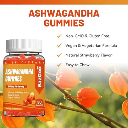 EAZGOO Ashwagandha Gummies mit Vitamin D3, 3000 mg Extra Starkes Ashwagandha-Wurzelextrakt für Energie und Immununterstützung, Nicht-GVO, Erdbeergeschmack, 60 Stück