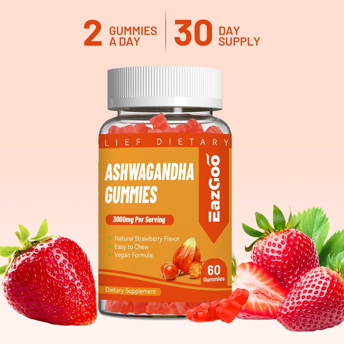EAZGOO Ashwagandha Gummies mit Vitamin D3, 3000 mg Extra Starkes Ashwagandha-Wurzelextrakt für Energie und Immununterstützung, Nicht-GVO, Erdbeergeschmack, 60 Stück