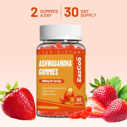 EAZGOO Ashwagandha Gummies mit Vitamin D3, 3000 mg Extra Starkes Ashwagandha-Wurzelextrakt für Energie und Immununterstützung, Nicht-GVO, Erdbeergeschmack, 60 Stück