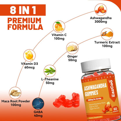 EAZGOO Ashwagandha Gummies mit Vitamin D3, 3000 mg Extra Starkes Ashwagandha-Wurzelextrakt für Energie und Immununterstützung, Nicht-GVO, Erdbeergeschmack, 60 Stück