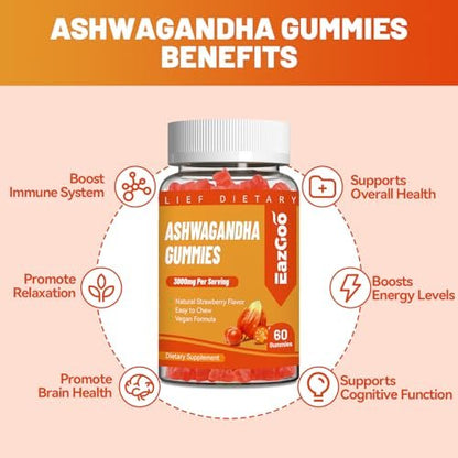 EAZGOO Ashwagandha Gummies mit Vitamin D3, 3000 mg Extra Starkes Ashwagandha-Wurzelextrakt für Energie und Immununterstützung, Nicht-GVO, Erdbeergeschmack, 60 Stück