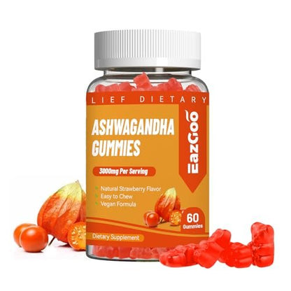 EAZGOO Ashwagandha Gummies mit Vitamin D3, 3000 mg Extra Starkes Ashwagandha-Wurzelextrakt für Energie und Immununterstützung, Nicht-GVO, Erdbeergeschmack, 60 Stück