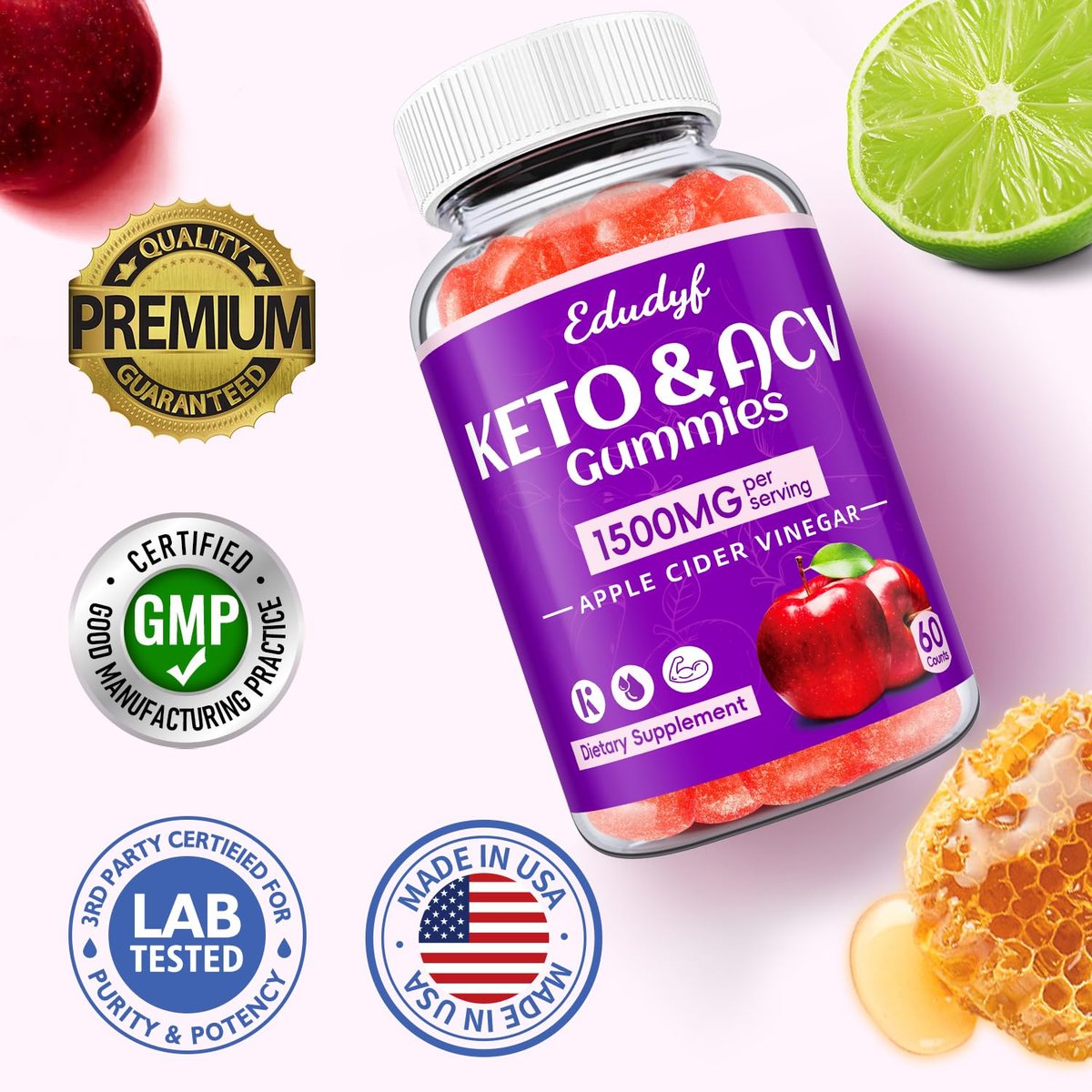 Keto ACV Gummies - 1500mg Apfelessig Gummibärchen mit Probiotika, B12 und Keto-Unterstützung, Entgiftung & Reinigung, GMO-frei & Vegan - 60 Stück