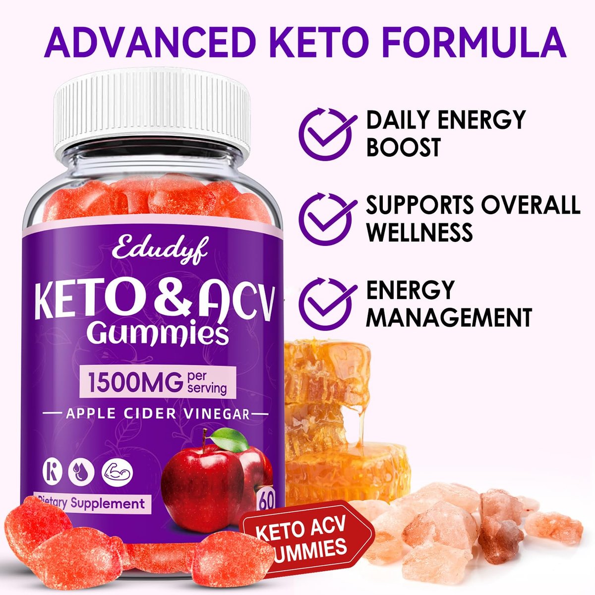 Keto ACV Gummies - 1500mg Apfelessig Gummibärchen mit Probiotika, B12 und Keto-Unterstützung, Entgiftung & Reinigung, GMO-frei & Vegan - 60 Stück