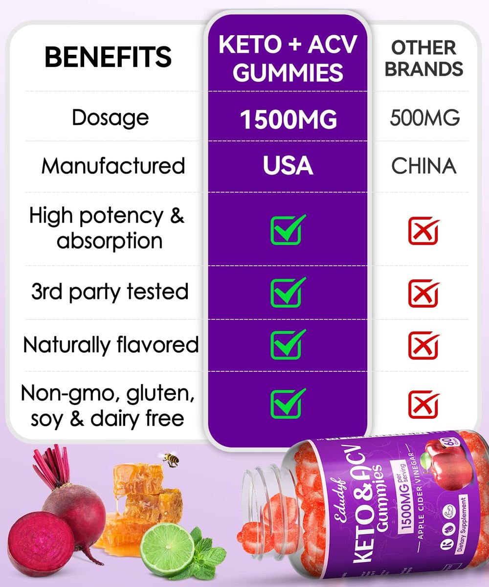 Keto ACV Gummies - 1500mg Apfelessig Gummibärchen mit Probiotika, B12 und Keto-Unterstützung, Entgiftung & Reinigung, GMO-frei & Vegan - 60 Stück