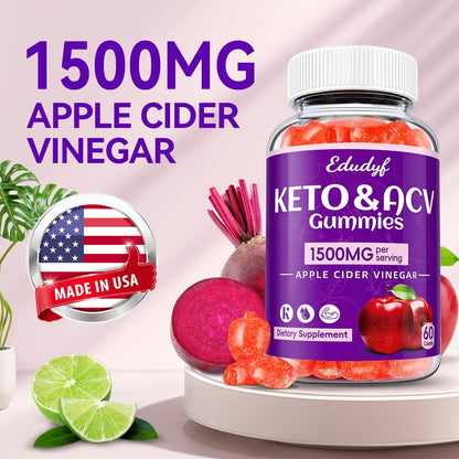 Keto ACV Gummies - 1500mg Apfelessig Gummibärchen mit Probiotika, B12 und Keto-Unterstützung, Entgiftung & Reinigung, GMO-frei & Vegan - 60 Stück