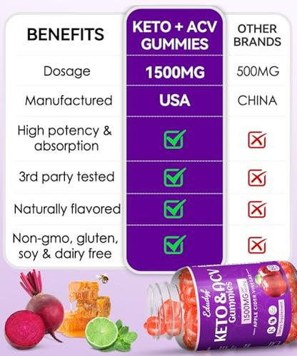 Keto ACV Gummies - 1500mg Apfelessig Gummibärchen mit Probiotika, B12 und Keto-Unterstützung, Entgiftung & Reinigung, GMO-frei & Vegan - 60 Stück