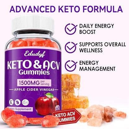 Keto ACV Gummies - 1500mg Apfelessig Gummibärchen mit Probiotika, B12 und Keto-Unterstützung, Entgiftung & Reinigung, GMO-frei & Vegan - 60 Stück