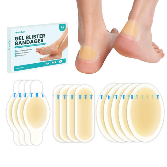 Hydrokolloid-Gel-Blisterpflaster - Promifun wasserdichte, selbstklebende Blasenpflaster für Ferse, Fuß, Zehen - Gel-Polster zur Vorbeugung und Heilung (13 Stück, Sortiert)