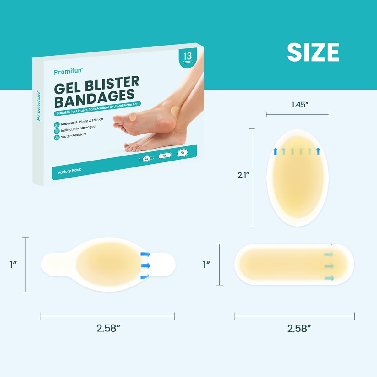 Hydrokolloid-Gel-Blisterpflaster - Promifun wasserdichte, selbstklebende Blasenpflaster für Ferse, Fuß, Zehen - Gel-Polster zur Vorbeugung und Heilung (13 Stück, Sortiert)