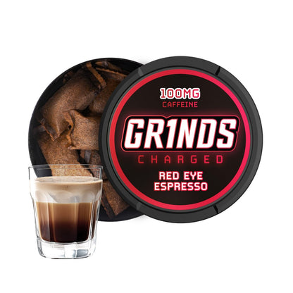 Grinds Coffee Pouches | Red Eye Espresso Geschmack | 3 Dosen | Koffeinalternative ohne Brühen | 12 Beutel pro Dose