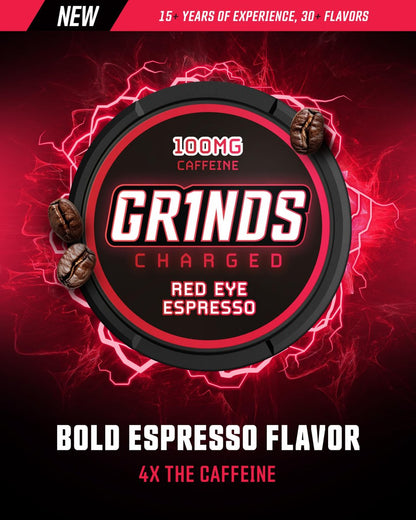 Grinds Coffee Pouches | Red Eye Espresso Geschmack | 3 Dosen | Koffeinalternative ohne Brühen | 12 Beutel pro Dose