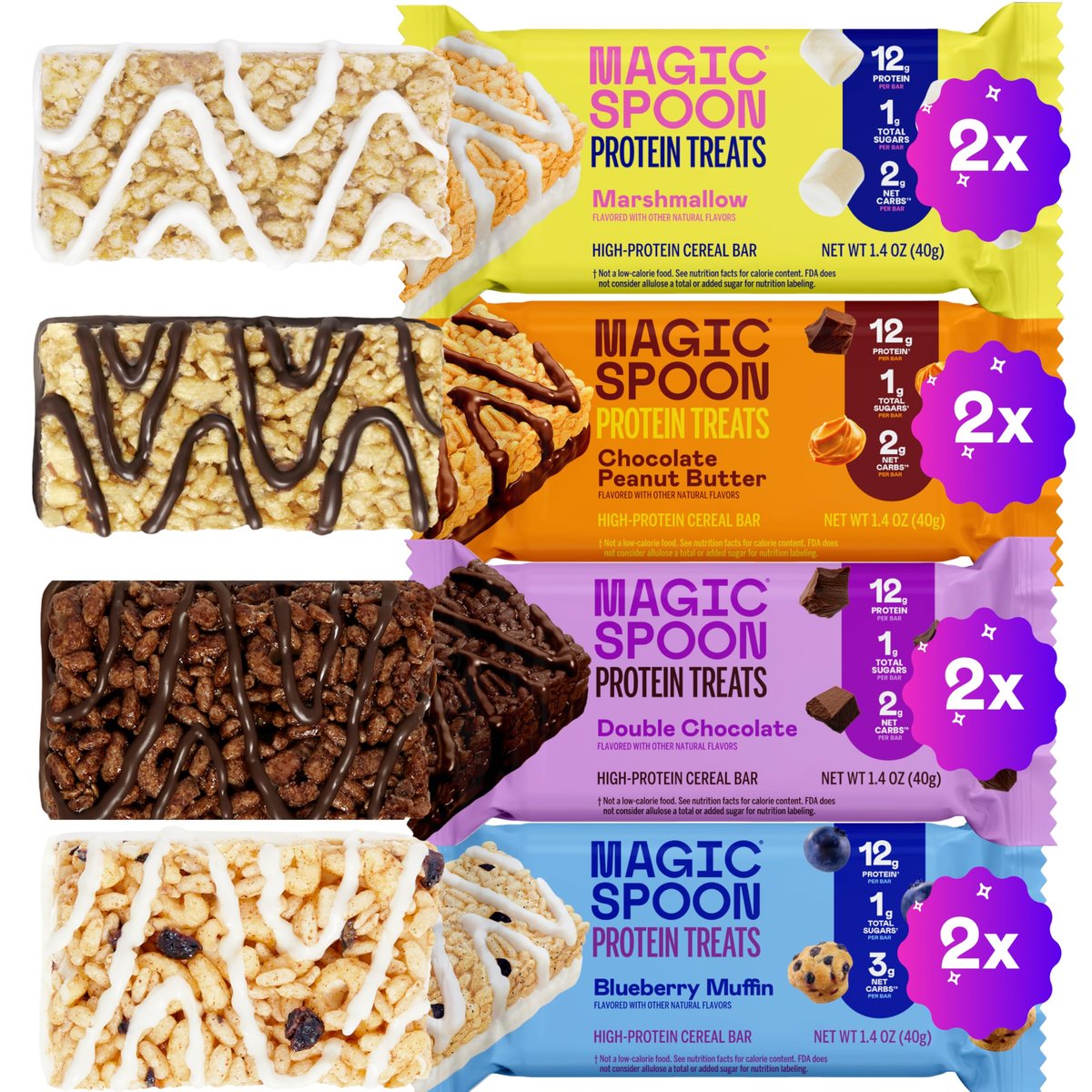 Magic Spoon Treats - 8 Proteinriegel: 2 Marshmallow, 2 Erdnussbutter-Schokolade, 2 Blaubeer-Muffin, 2 Doppelte Schokolade - Glutenfreier, zuckerfreier Snack