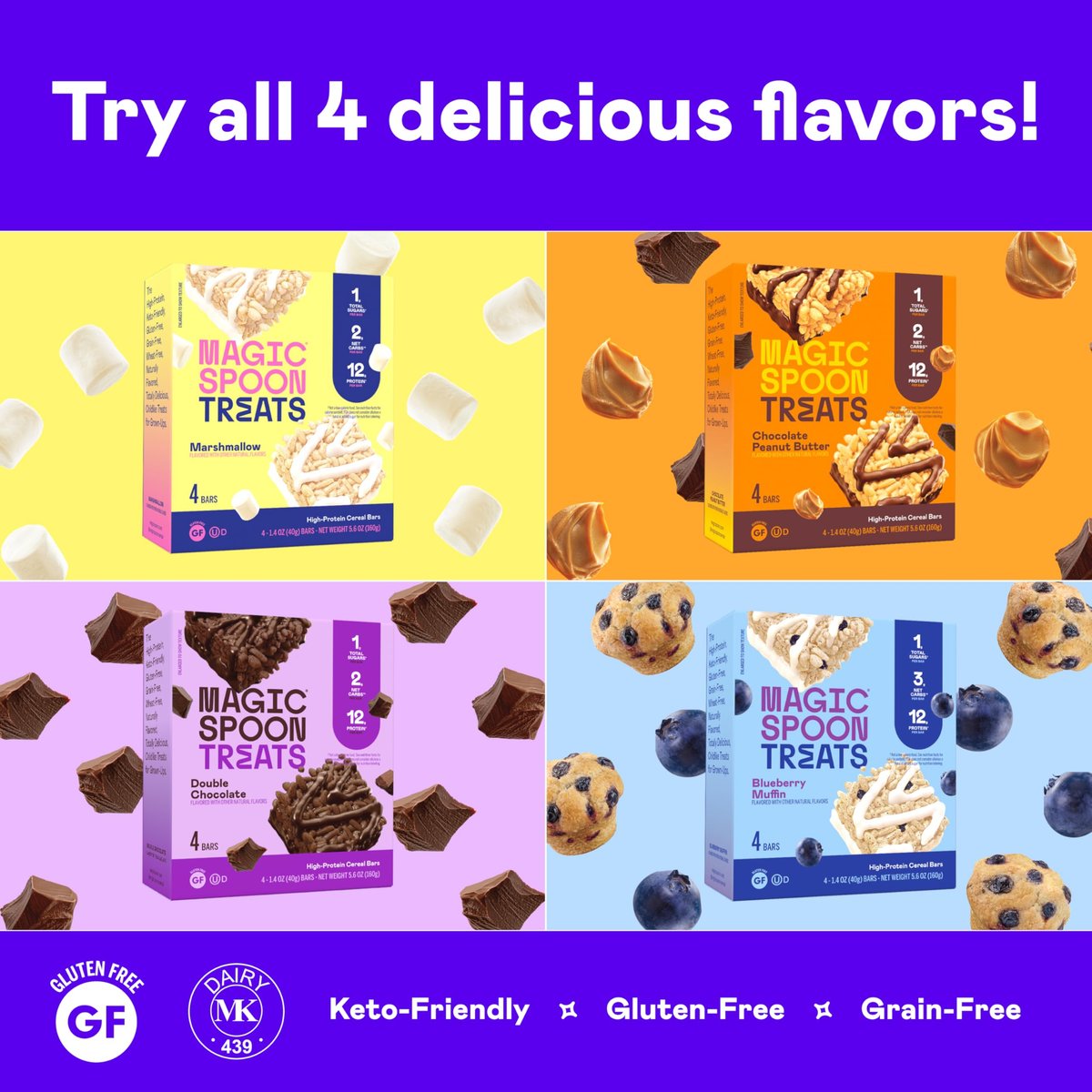 Magic Spoon Treats - 8 Proteinriegel: 2 Marshmallow, 2 Erdnussbutter-Schokolade, 2 Blaubeer-Muffin, 2 Doppelte Schokolade - Glutenfreier, zuckerfreier Snack