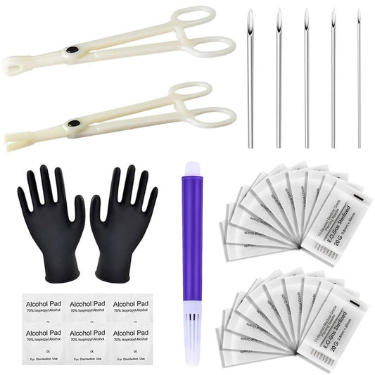 judero Piercing Kit 36-teilig – Piercingzangen-Set mit 25 gemischten Piercings (12G-20G), 2 Zangen, 6 Reinigungswerkzeugen, 2 Handschuhen und 1 Marker-Stift für Ohr- und Nasenpiercings